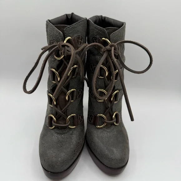 Tory Burch Lawson Bootie Pewter Brown Leather Platform Stiletto Ankle Boots 8.5 - Picture 15 of 17